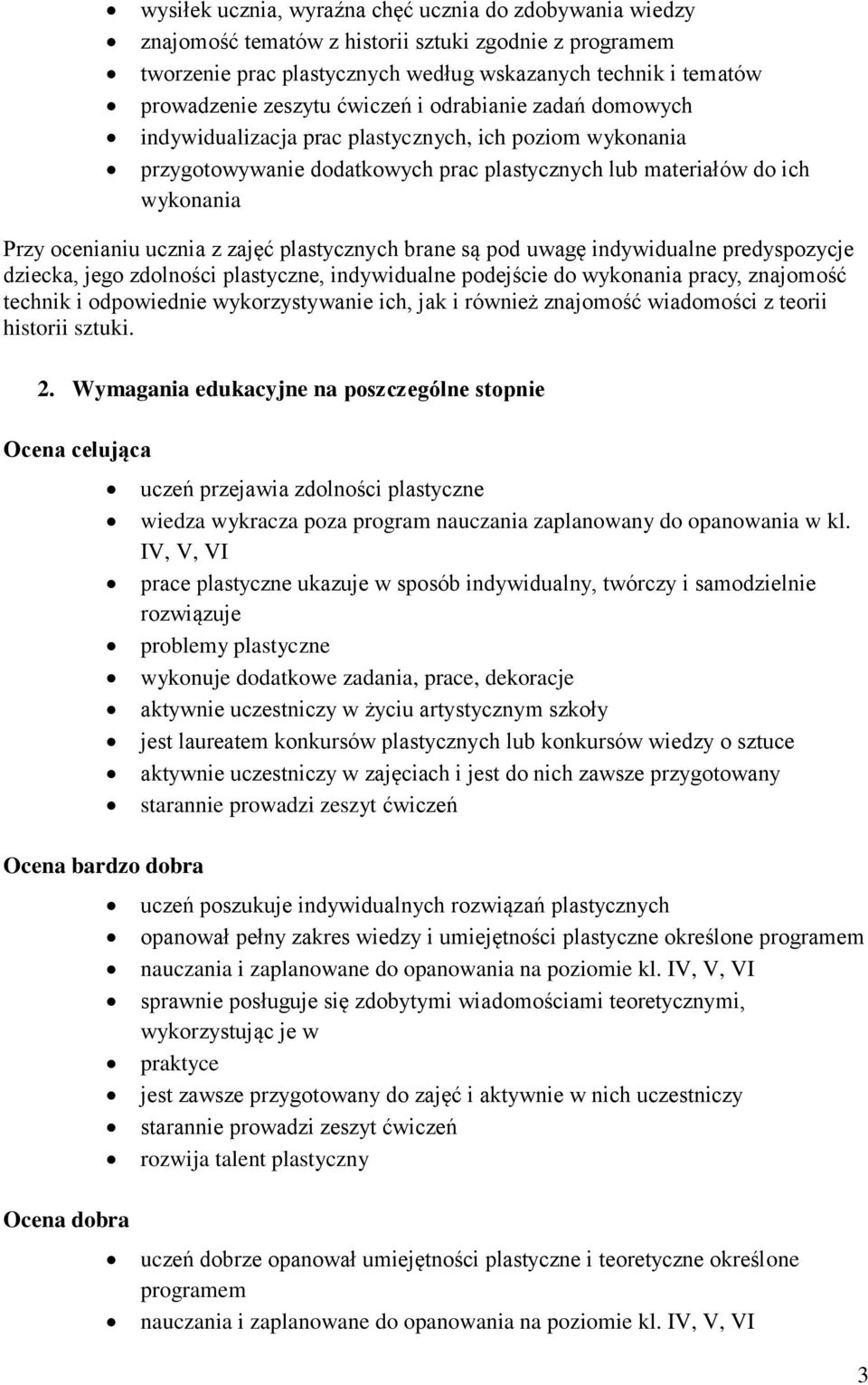 zajęć plastycznych brane są pod uwagę indywidualne predyspozycje dziecka, jego zdolności plastyczne, indywidualne podejście do wykonania pracy, znajomość technik i odpowiednie wykorzystywanie ich,