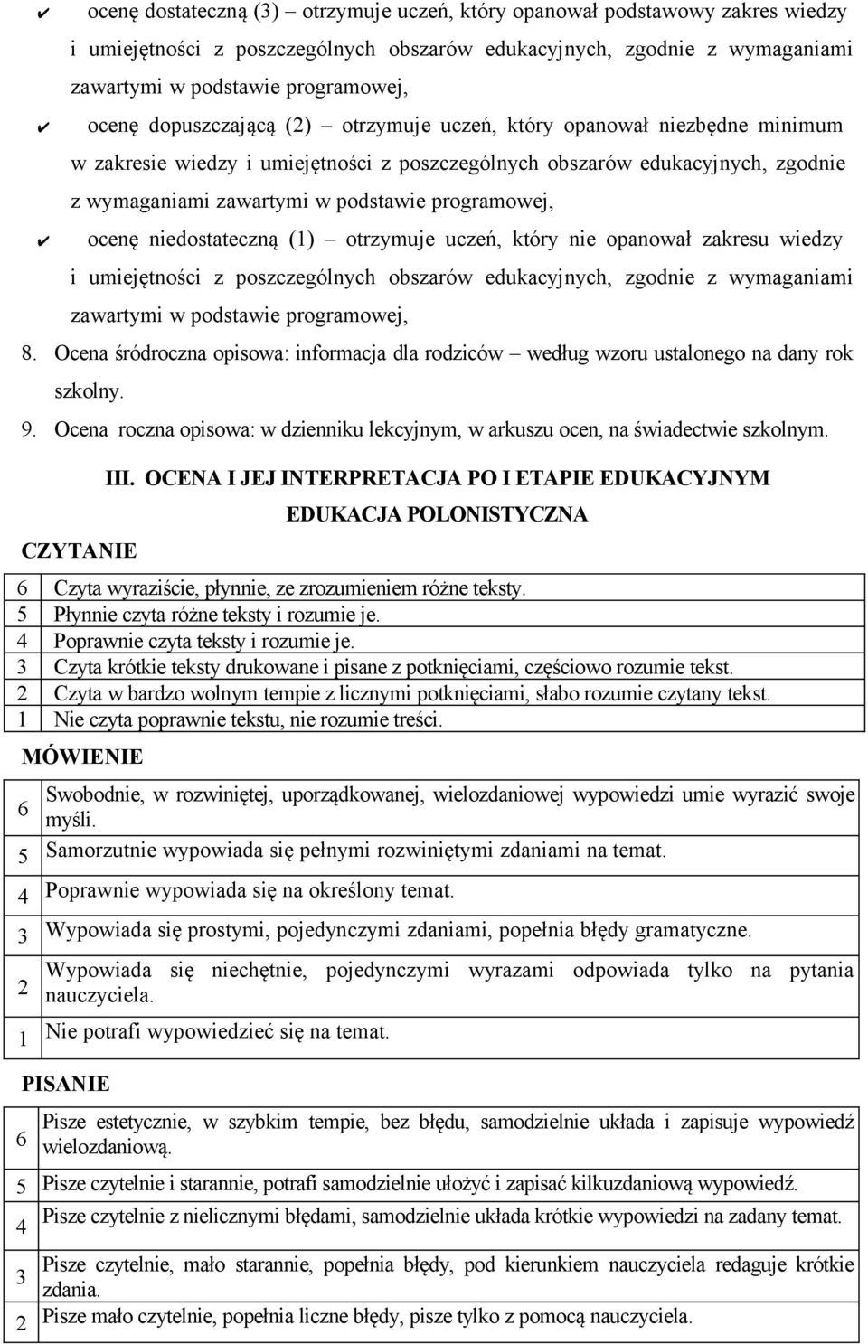 Ocena śródroczna opisowa: informacja dla rodziców według wzoru ustalonego na dany rok szkolny. 9. Ocena roczna opisowa: w dzienniku lekcyjnym, w arkuszu ocen, na świadectwie szkolnym. CZYTANIE III.