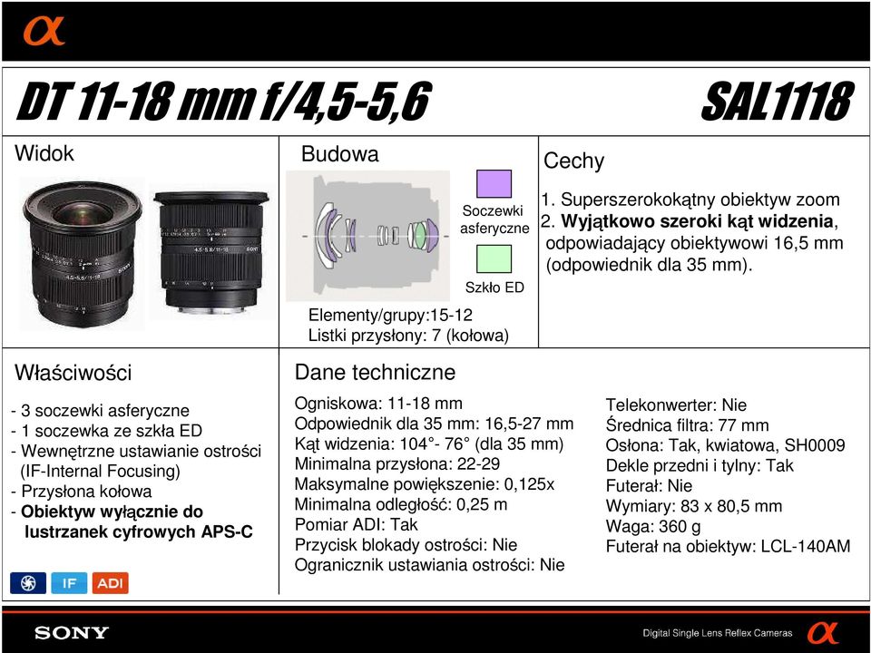 - 3 soczewki asferyczne - 1 soczewka ze szkła ED - Wewnętrzne ustawianie ostrości (IF-Internal Focusing) - Obiektyw wyłą łącznie do lustrzanek cyfrowych APS-C Ogniskowa: