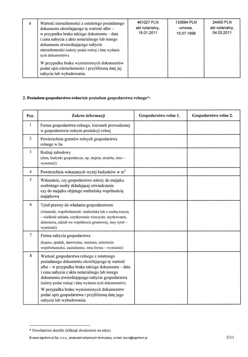 2011 W przypadku braku wymienionych dokumentów podać opis nieruchomości i przybliżoną datę jej nabycia lub wybudowania. 2. Posiadam gospodarstwo rolne/nie posiadam gospodarstwa rolnego*: Poz.