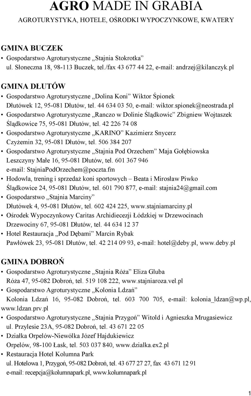 pl Gospodarstwo Agroturystyczne Ranczo w Dolinie Ślądkowic Zbigniew Wojtaszek Ślądkowice 75, 95-081 Dłutów, tel.