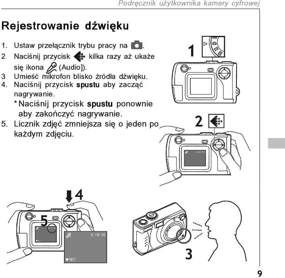 3 UmieúÊ mikrofon blisko ürûd a düwiíku. 4. Naciúnij przycisk spustu aby zaczπê nagrywanie.