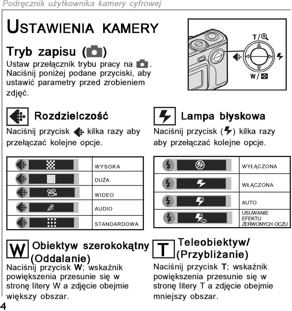 WYSOKA DUØA WIDEO AUDIO STANDARDOWA WY CZONA W CZONA AUTO USUWANIE EFEKTU ZERWONYCH OCZU Obiektyw szerokokπtny Teleobiektyw/ W T (Oddalanie) (Przybliøanie) Naciúnij