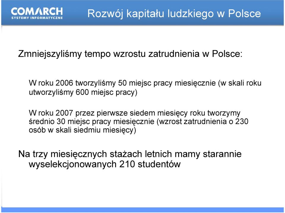 pierwsze siedem miesięcy roku tworzymy średnio 30 miejsc pracy miesięcznie (wzrost zatrudnienia o 230 osób