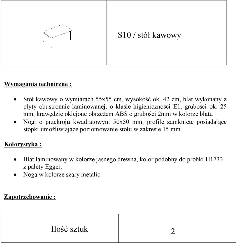 25 mm, krawędzie oklejone obrzeŝem ABS o grubości 2mm w kolorze blatu Nogi o przekroju kwadratowym 50x50 mm, profile