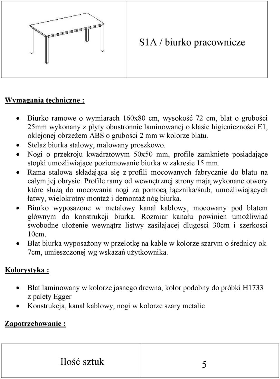 Nogi o przekroju kwadratowym 50x50 mm, profile zamkniete posiadające stopki umoŝliwiające poziomowanie biurka w zakresie 15 mm.