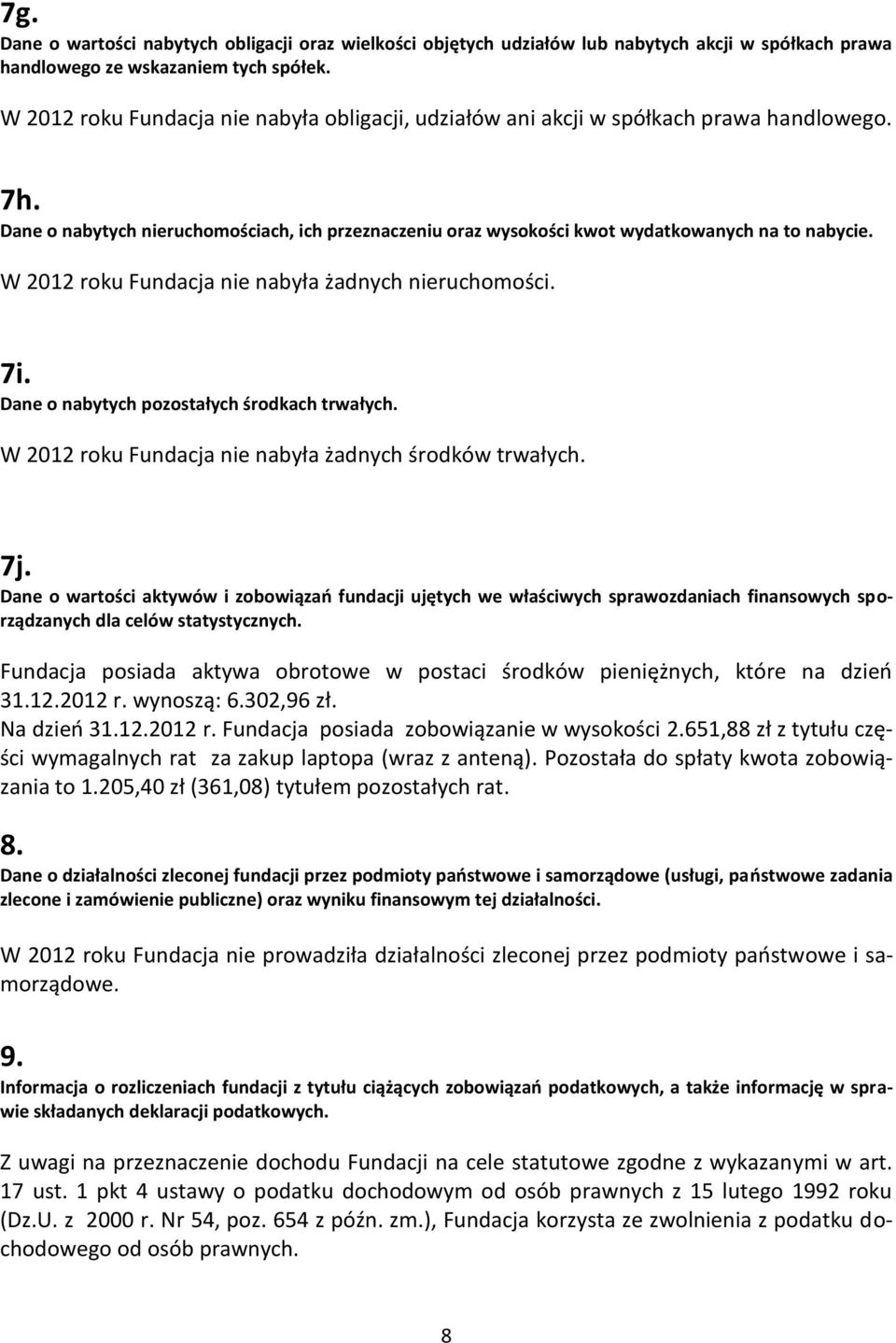 W 2012 roku Fundacja nie nabyła żadnych nieruchomości. 7i. Dane o nabytych pozostałych środkach trwałych. W 2012 roku Fundacja nie nabyła żadnych środków trwałych. 7j.