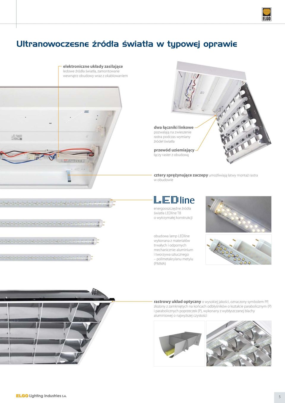 wytrzymałej konstrukcji obudowa lamp LEDline wykonana z materiałów trwałych i odpornych mechanicznie: aluminium i tworzywa sztucznego polimetakrylanu metylu (PMMA) rastrowy układ optyczny o wysokiej