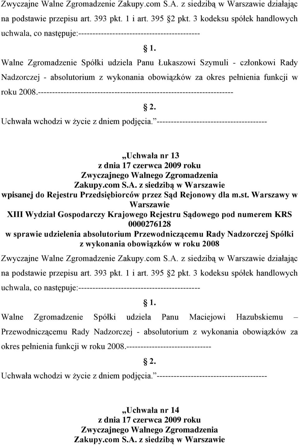 --------------------------------------------------------------------- Uchwała nr 13 w sprawie udzielenia absolutorium Przewodniczącemu Rady Nadzorczej