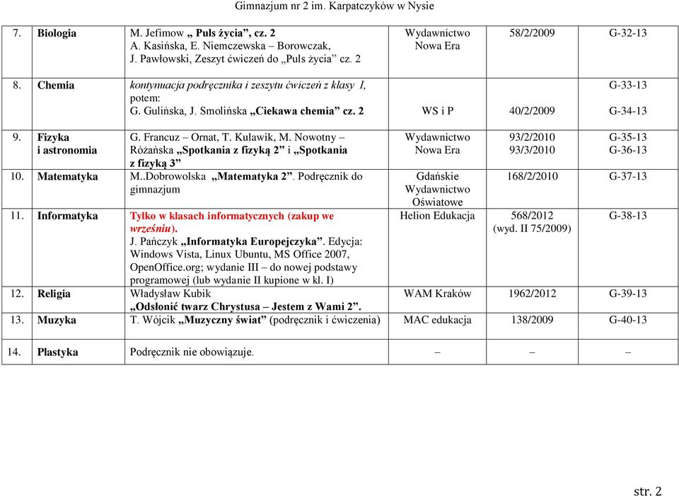 Kulawik, M. Nowotny Różańska Spotkania z fizyką 2 i Spotkania z fizyką 3 10. Matematyka M..Dobrowolska Matematyka 2. Podręcznik do 11. Informatyka Tylko w klasach informatycznych (zakup we wrześniu).