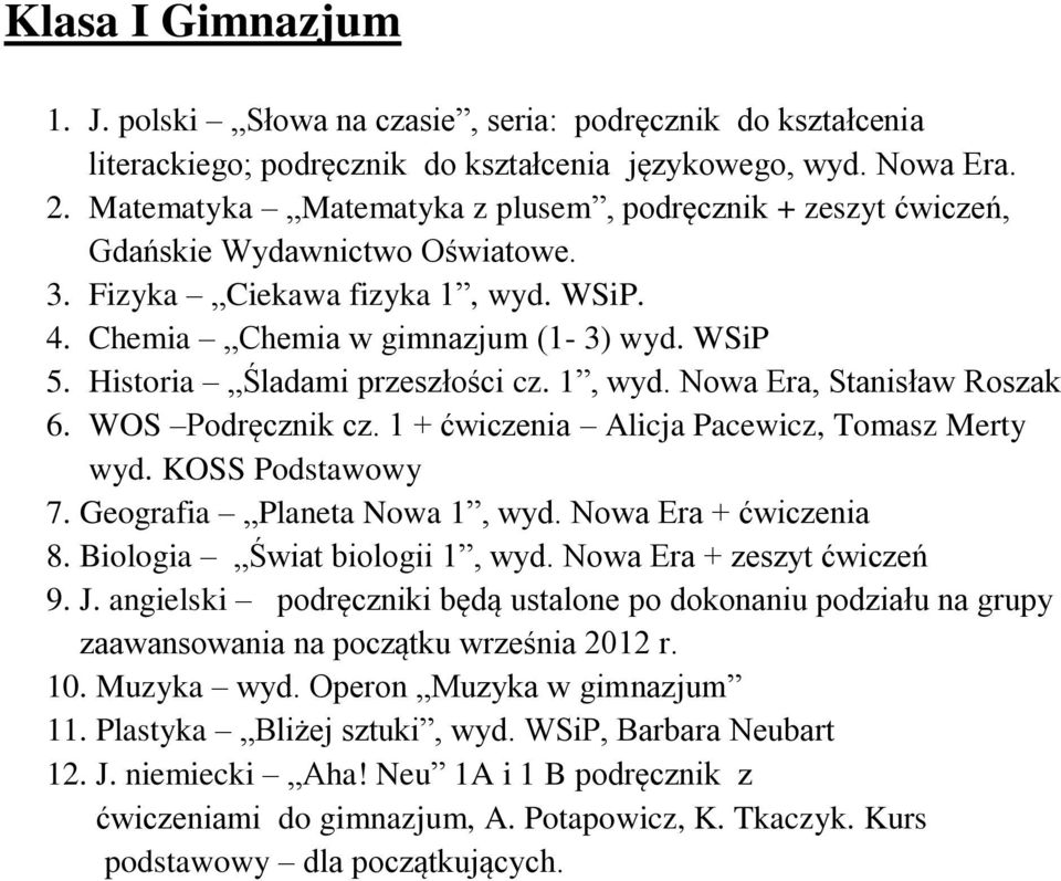 Historia Śladami przeszłości cz. 1, wyd. Nowa Era, Stanisław Roszak 6. WOS Podręcznik cz. 1 + ćwiczenia Alicja Pacewicz, Tomasz Merty 7. Geografia Planeta Nowa 1, wyd. Nowa Era + ćwiczenia 8.