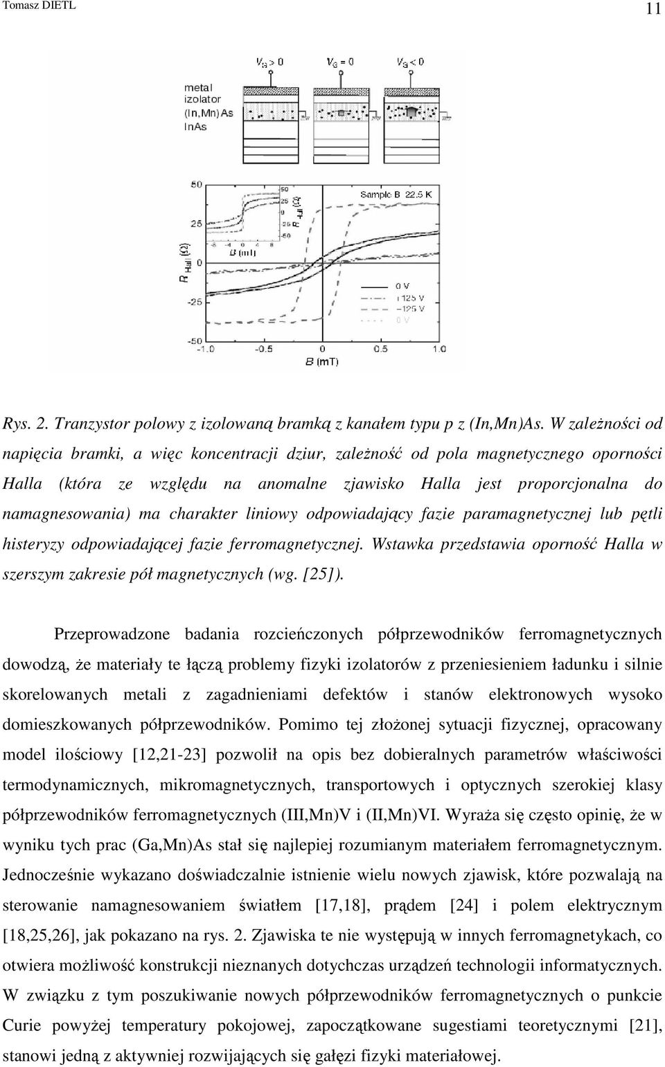 charakter liniowy odpowiadający fazie paramagnetycznej lub pętli histeryzy odpowiadającej fazie ferromagnetycznej. Wstawka przedstawia oporność Halla w szerszym zakresie pół magnetycznych (wg. [25]).