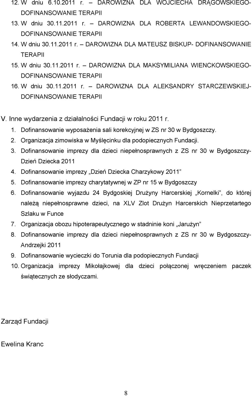 2. Organizacja zimowiska w Myślęcinku dla podopiecznych Fundacji. 3. Dofinansowanie imprezy dla dzieci niepełnosprawnych z ZS nr 30 w Bydgoszczy- Dzień Dziecka 2011 4.