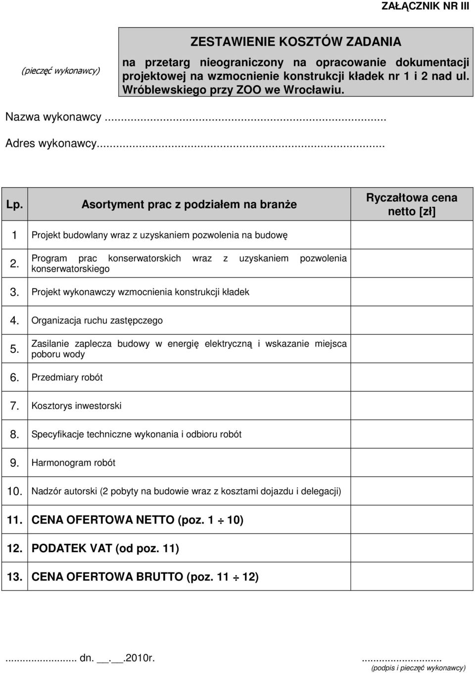 Program prac konserwatorskich wraz z uzyskaniem pozwolenia konserwatorskiego 3. Projekt wykonawczy wzmocnienia konstrukcji kładek 4. Organizacja ruchu zastępczego 5.