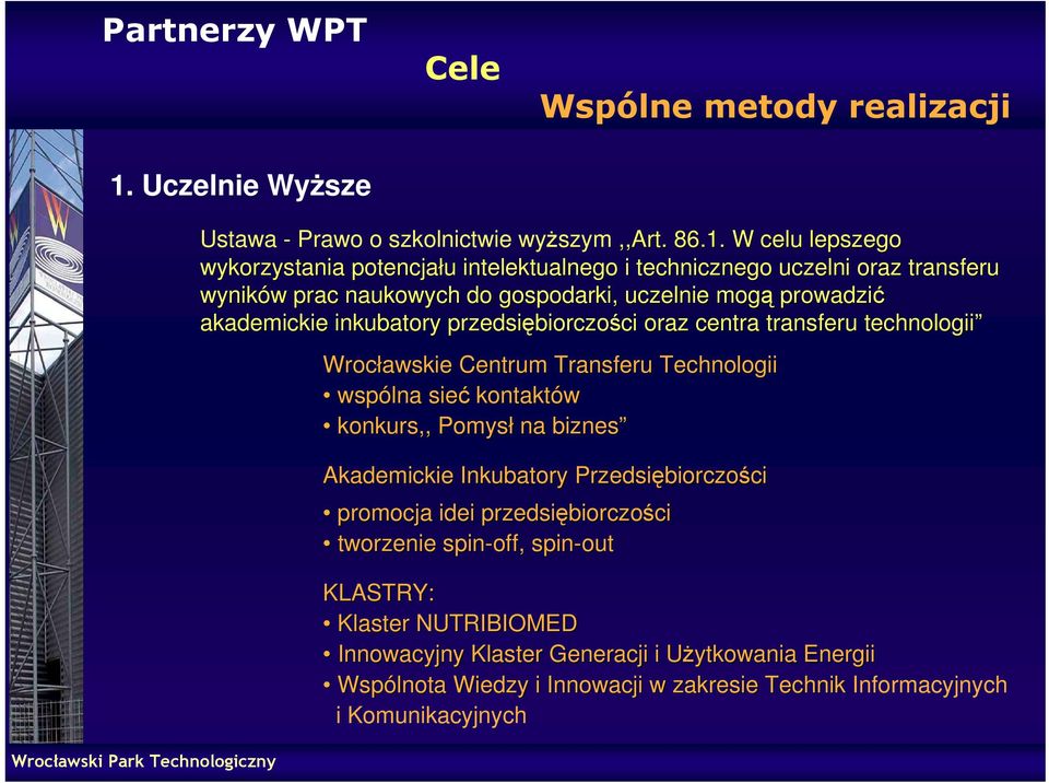 W celu lepszego wykorzystania potencjału u intelektualnego i technicznego uczelni oraz transferu wyników w prac naukowych do gospodarki, uczelnie mogą prowadzić akademickie inkubatory