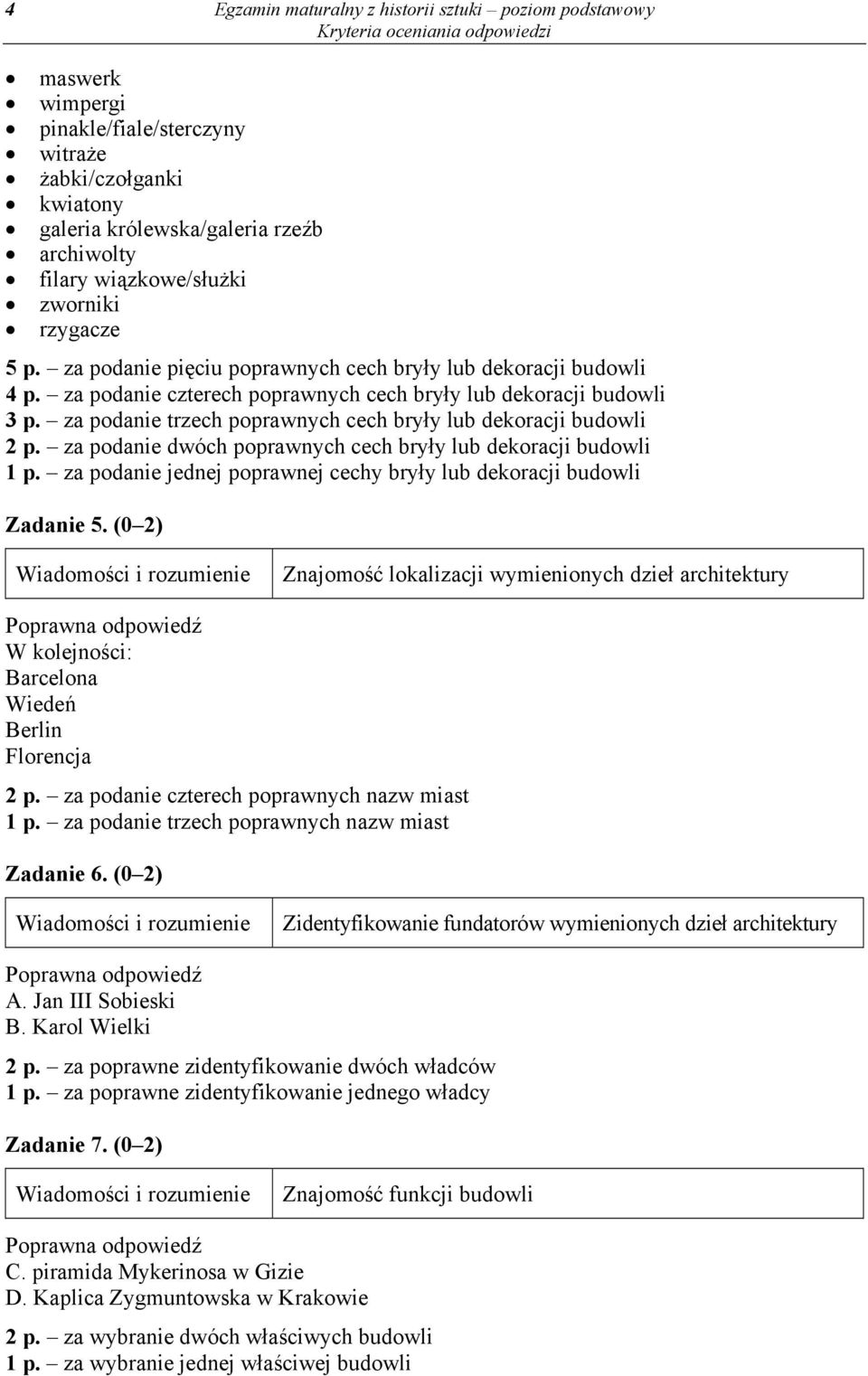 za podanie trzech poprawnych cech bryły lub dekoracji budowli 2 p. za podanie dwóch poprawnych cech bryły lub dekoracji budowli 1 p.