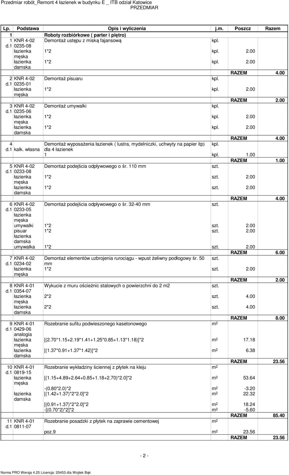 110 d.1 0233-08 1*2 2.00 1*2 2.00 6 KNR 4-02 Deontaż podejścia odpływowego o śr. 32-40 d.1 0233-05 uywalki 1*2 2.00 pisuar 1*2 2.00 uywalka 1*2 2.00 RAZEM 6.