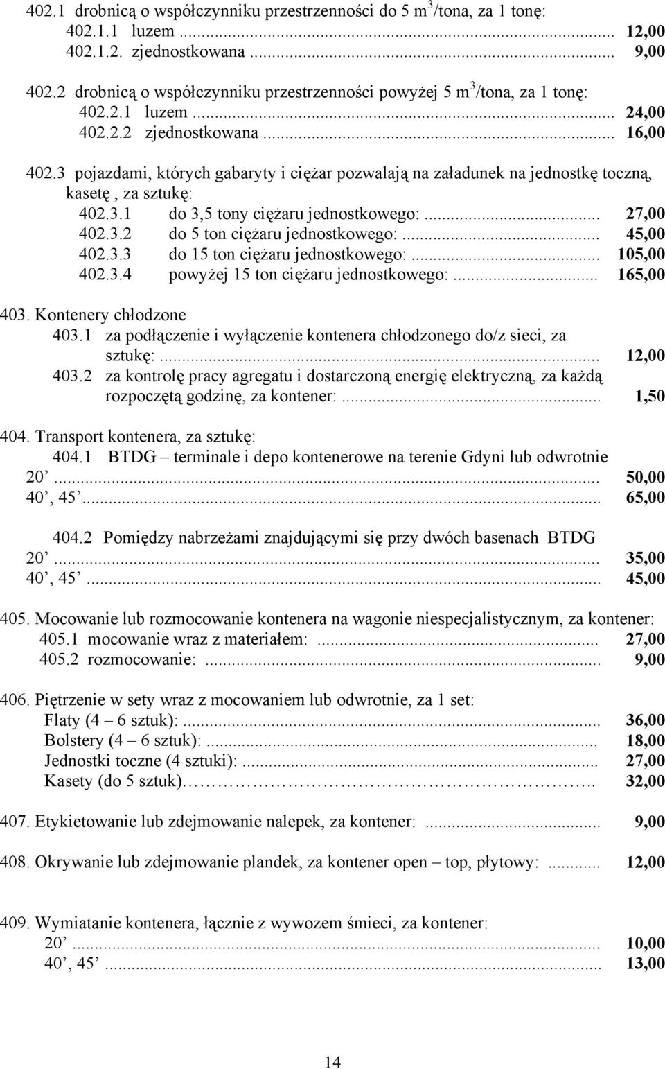 3 pojazdami, których gabaryty i ciężar pozwalają na załadunek na jednostkę toczną, kasetę, za sztukę: 402.3.1 do 3,5 tony ciężaru jednostkowego:... 27,00 402.3.2 do 5 ton ciężaru jednostkowego:.