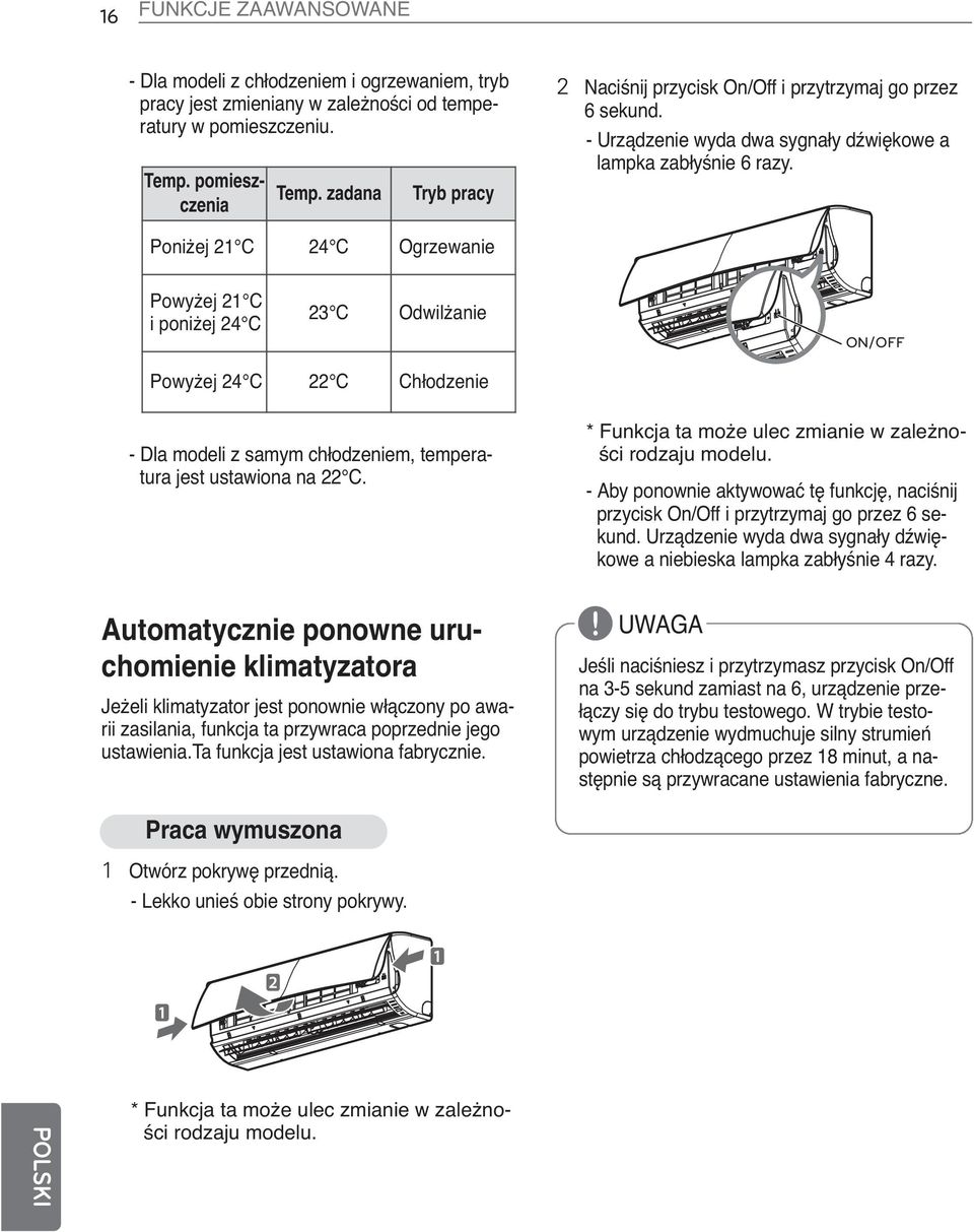Poniżej 21 C 24 C Ogrzewanie Powyżej 21 C i poniżej 24 C 23 C Odwilżanie ON/OFF Powyżej 24 C 22 C Chłodzenie - Dla modeli z samym chłodzeniem, temperatura jest ustawiona na 22 C.