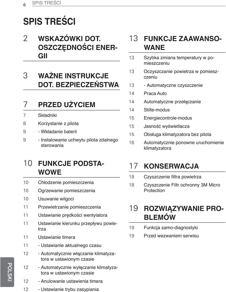 Ogrzewanie pomieszczenia 10 Usuwanie wilgoci 11 Przewietrzanie pomieszczenia 11 Ustawianie prędkości wentylatora 11 Ustawianie kierunku przepływu powietrza 11 Ustawianie timera 11 - Ustawianie