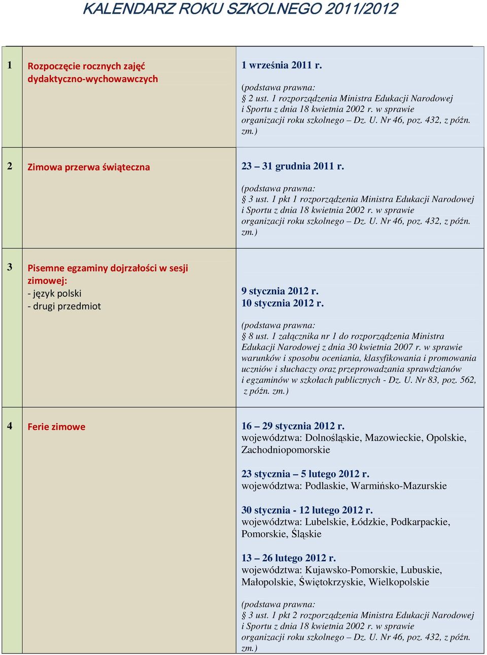 1 pkt 1 rozporządzenia Ministra Edukacji Narodowej 3 Pisemne egzaminy dojrzałości w sesji zimowej: - język polski - drugi przedmiot 9 stycznia 2012 r. 10 stycznia 2012 r. 8 ust.