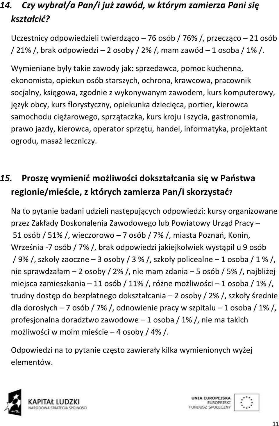 Wymieniane były takie zawody jak: sprzedawca, pomoc kuchenna, ekonomista, opiekun osób starszych, ochrona, krawcowa, pracownik socjalny, księgowa, zgodnie z wykonywanym zawodem, kurs komputerowy,