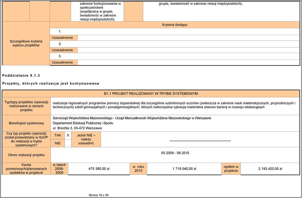 1 PROJEKT REALIZOWANY W TRYBIE SYSTEMOWYM Typ/typy projektów (operacji) realizowane w ramach projektu Beneficjent systemowy Czy typ projektu (operacji) został przewidziany w SzOP do realizacji w
