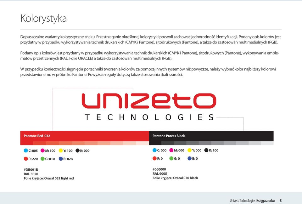 Podany opis kolorów jest przydatny w przypadku wykorzystywania technik drukarskich (CMYK i Pantone), sitodrukowych (Pantone), wykonywania emblematów przestrzennych (RAL, Folie ORACLE) a także do