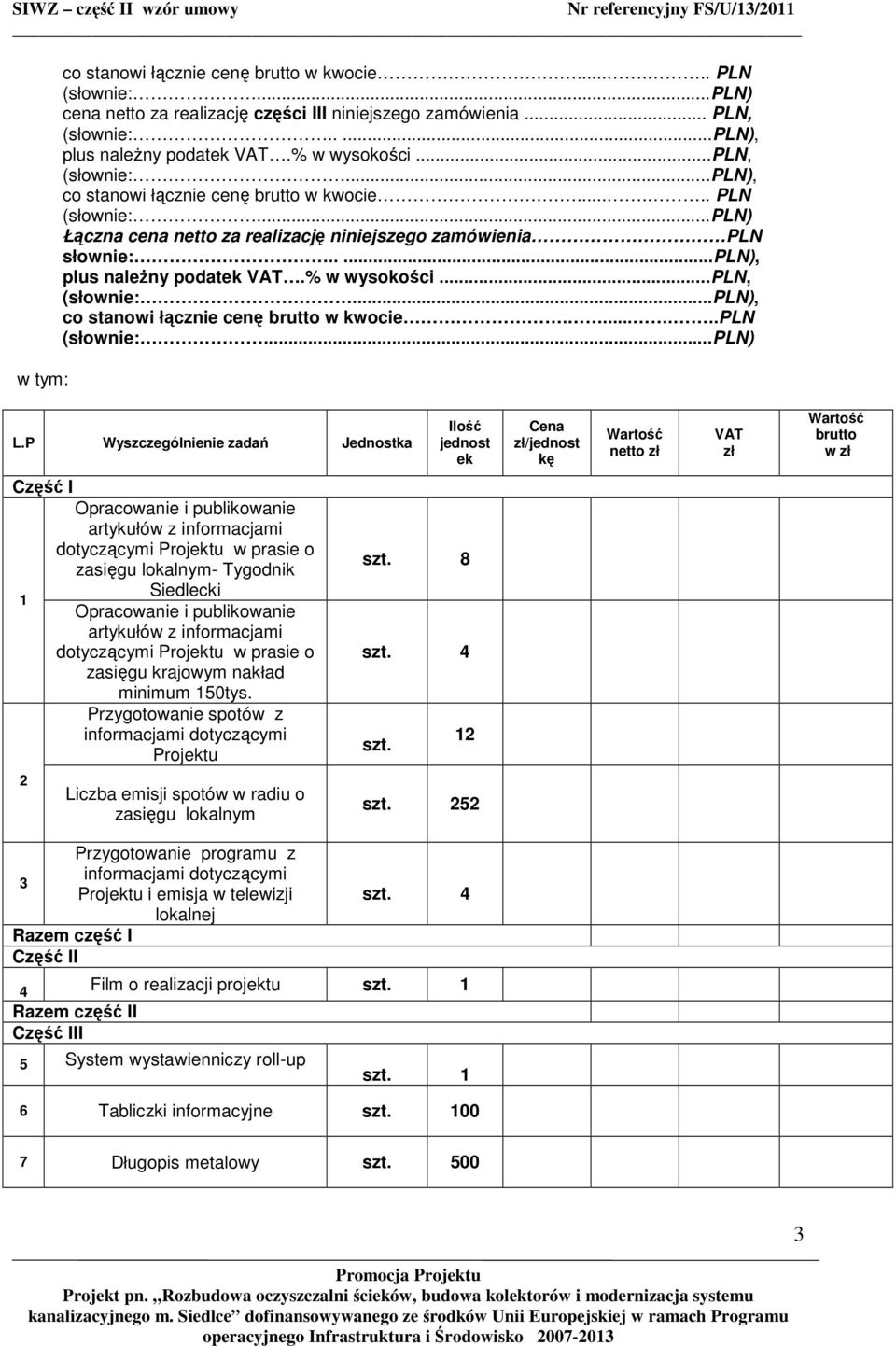 ....pln), plus naleŝny podatek VAT.% w wysokości...pln, (słownie:...pln), co stanowi łącznie cenę brutto w kwocie.......pln (słownie:...pln) L.