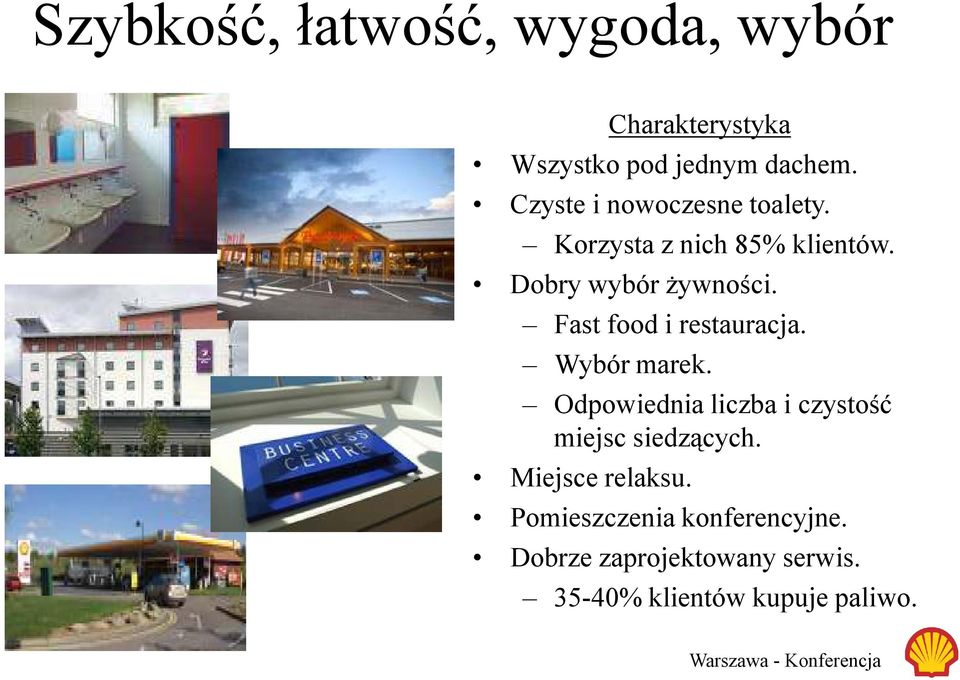 Fast food i restauracja. Wybór marek. Odpowiednia liczba i czystość miejsc siedzących.