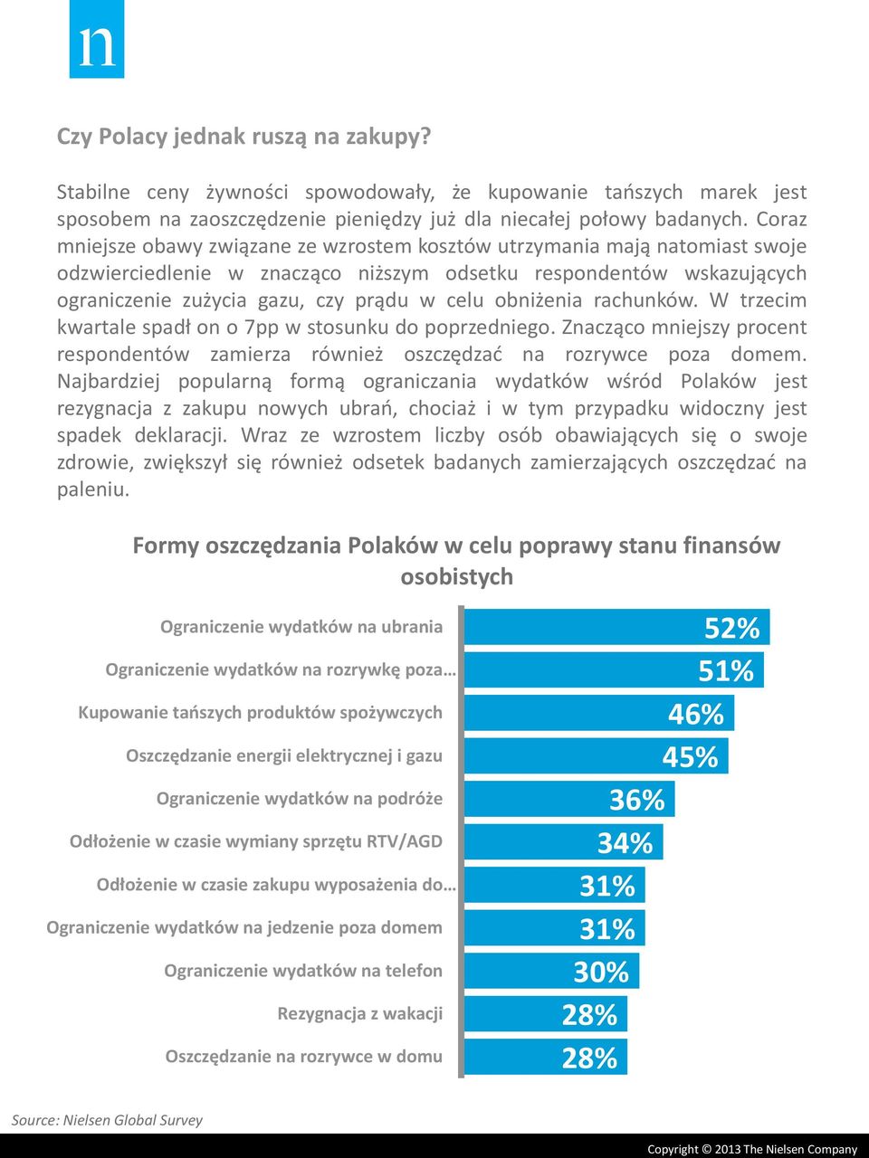 obniżenia rachunków. W trzecim kwartale spadł on o 7pp w stosunku do poprzedniego. Znacząco mniejszy procent respondentów zamierza również oszczędzać na rozrywce poza domem.