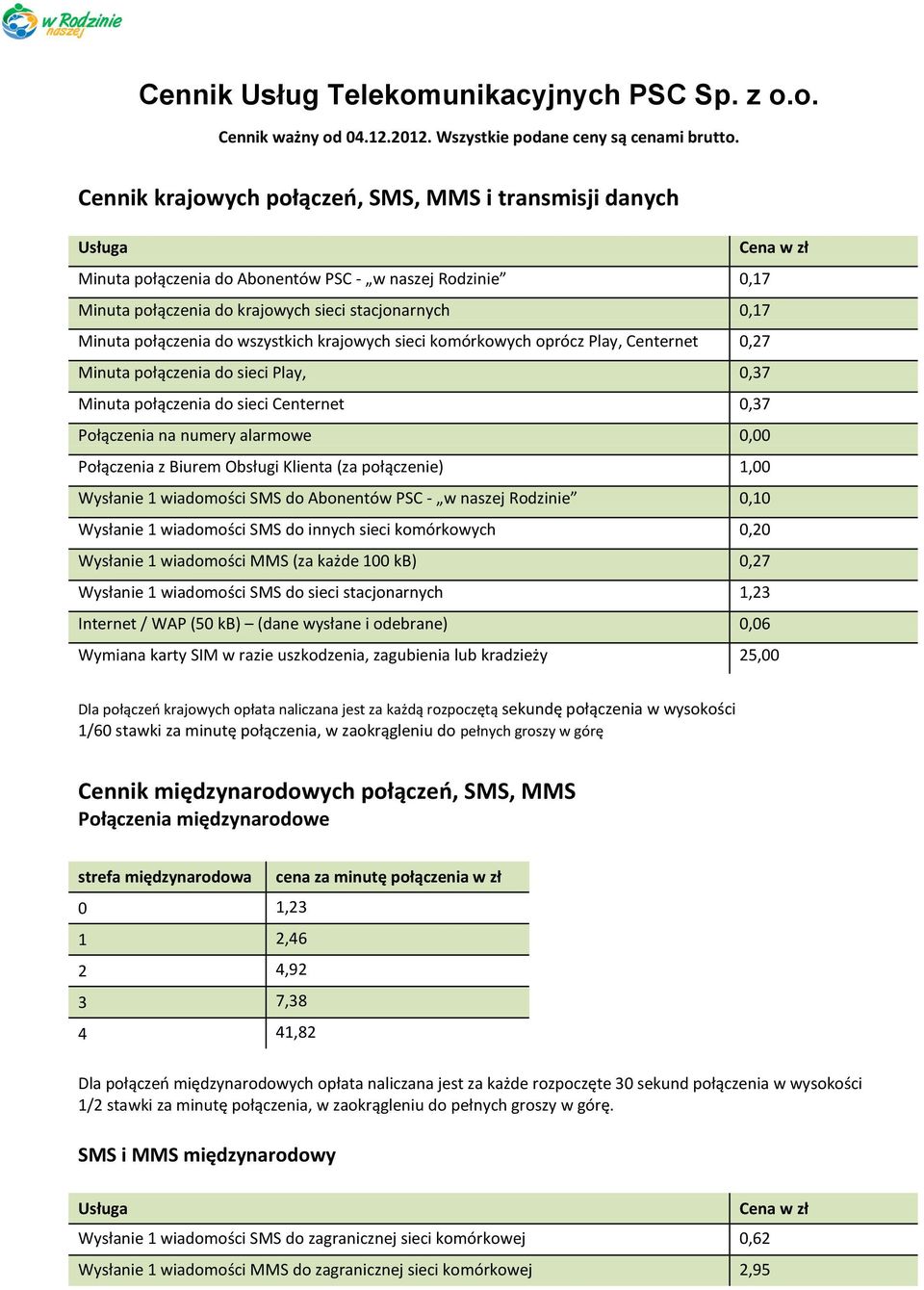 połączenia do wszystkich krajowych sieci komórkowych oprócz Play, Centernet 0,27 Minuta połączenia do sieci Play, 0,37 Minuta połączenia do sieci Centernet 0,37 Połączenia na numery alarmowe 0,00