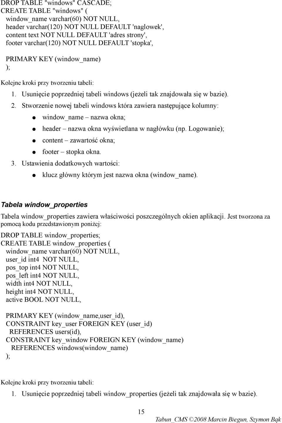 Stworzenie nowej tabeli windows która zawiera następujące kolumny: window_name nazwa okna; header nazwa okna wyświetlana w nagłówku (np. Logowanie); content zawartość okna; footer stopka okna. 3.