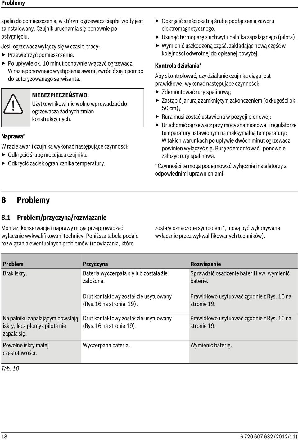 W razie ponownego wystąpienia awarii, zwrócić się o pomoc do autoryzowanego serwisanta. NIEBEZPIECZEŃSTWO: Użytkownikowi nie wolno wprowadzać do ogrzewacza żadnych zmian konstrukcyjnych.