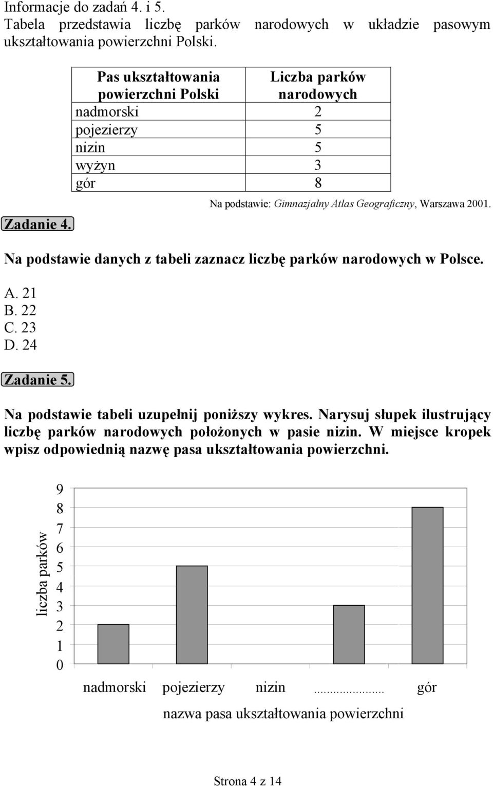 Na podstawie danych z tabeli zaznacz liczbę parków narodowych w Polsce. A. 21 B. 22 C. 23 D. 24 Zadanie 5. Na podstawie tabeli uzupełnij poniższy wykres.