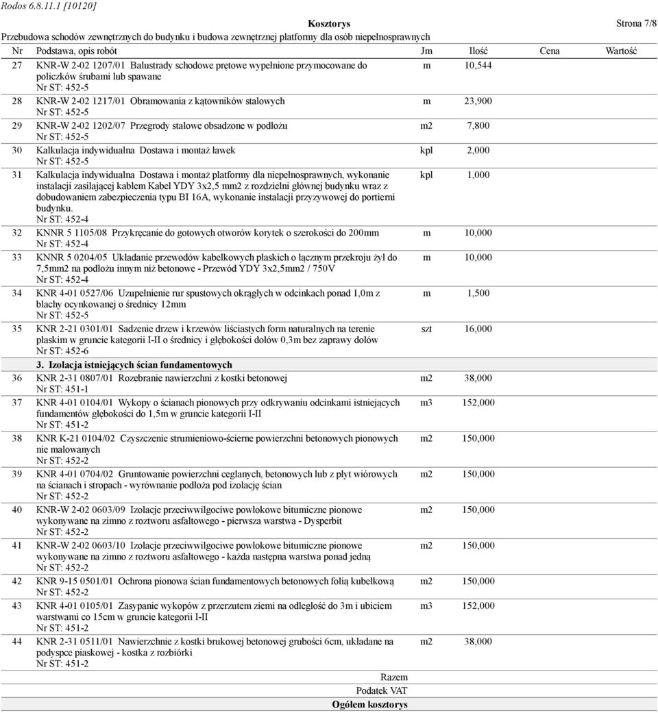 indywidualna Dostawa i montaż platformy dla niepełnosprawnych, wykonanie kpl 1,000 instalacji zasilającej kablem Kabel YDY 3x2,5 mm2 z rozdzielni głównej budynku wraz z dobudowaniem zabezpieczenia