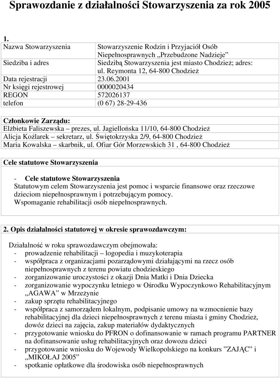 Chodzież; adres: ul. Reymonta 12, 64-800 Chodzież Członkowie Zarządu: Elżbieta Faliszewska prezes, ul. Jagiellońska 11/10, 64-800 Chodzież Alicja Koźlarek sekretarz, ul.