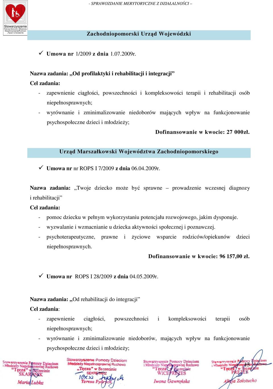 zminimalizowanie niedoborów mających wpływ na funkcjonowanie psychospołeczne dzieci i młodzieŝy; Dofinansowanie w kwocie: 27 000zł.