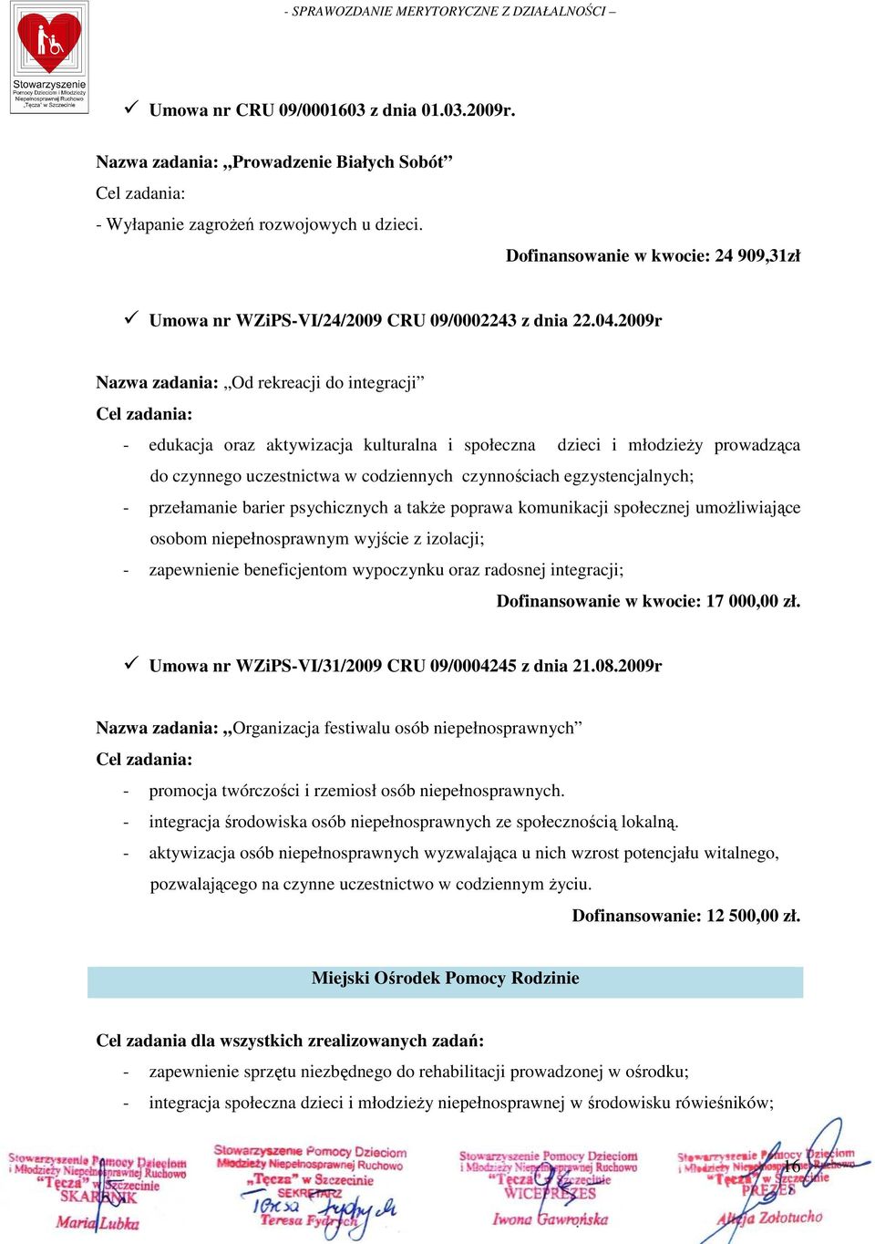 2009r Nazwa zadania: Od rekreacji do integracji Cel zadania: - edukacja oraz aktywizacja kulturalna i społeczna dzieci i młodzieŝy prowadząca do czynnego uczestnictwa w codziennych czynnościach