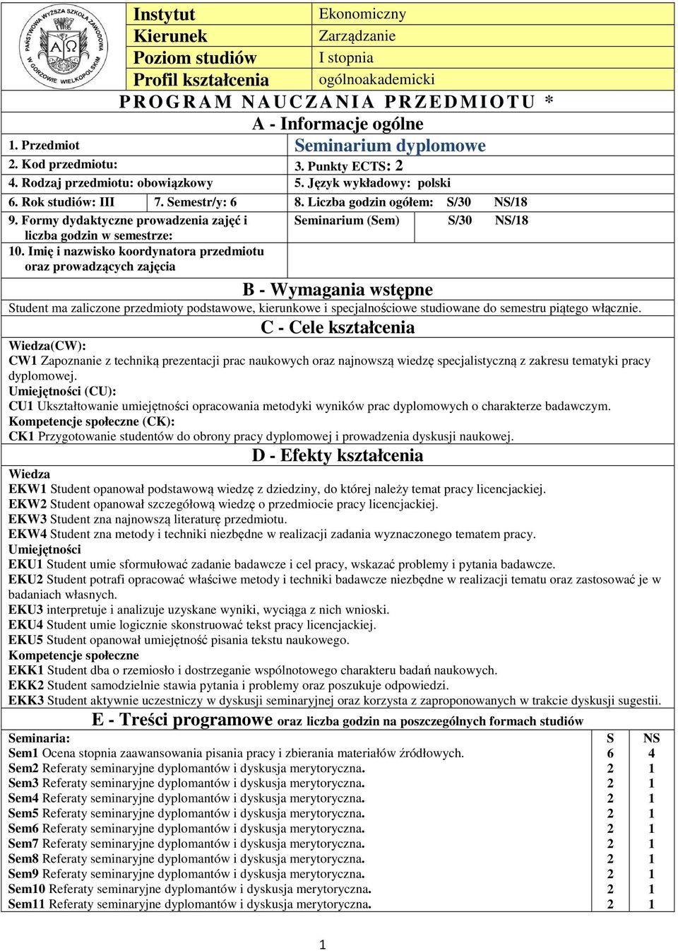 Formy dydaktyczne prowadzenia zajęć i liczba godzin w semestrze: Seminarium (Sem) S/30 NS/8 0.