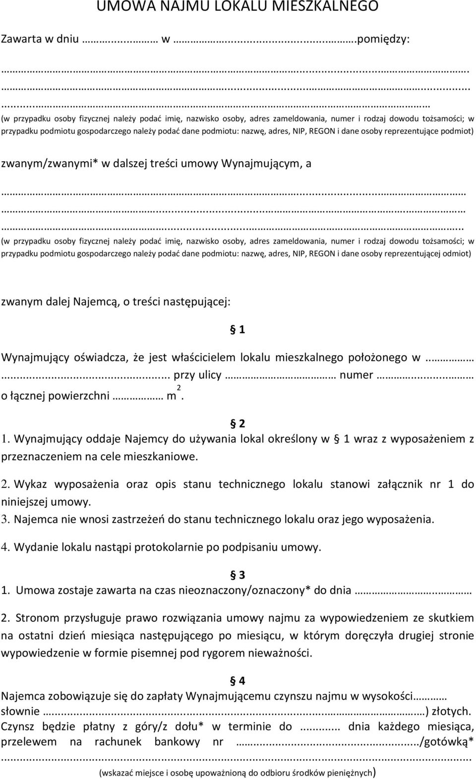 UMOWA NAJMU LOKALU MIESZKALNEGO - PDF Darmowe pobieranie