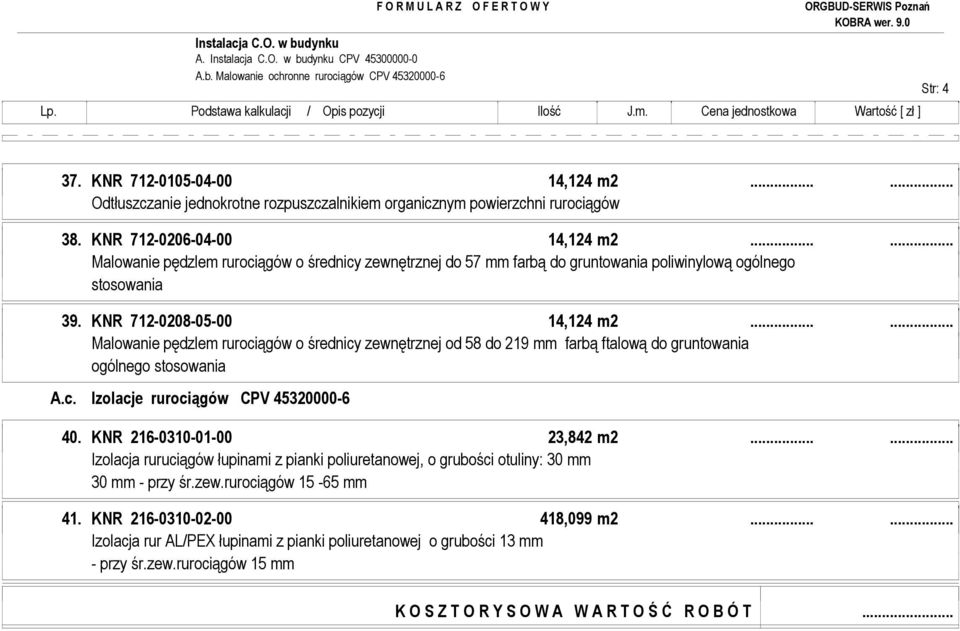 ..... Malowanie pędzlem rurociągów o średnicy zewnętrznej do 57 mm farbą do gruntowania poliwinylową ogólnego stosowania 39. KNR 712-0208-05-00 14,124 m2.