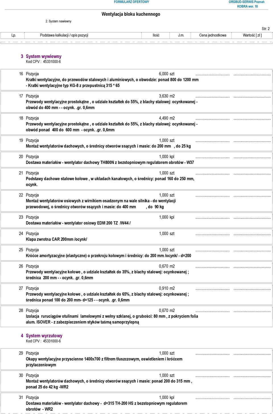 ..... Przewody wentylacyjne prostokątne, o udziale kształtek do 55%, z blachy stalowej: ocynkowanej - obwód do 400 mm - - ocynk..gr. 0,6mm 18 Pozycja 4,490 m2.