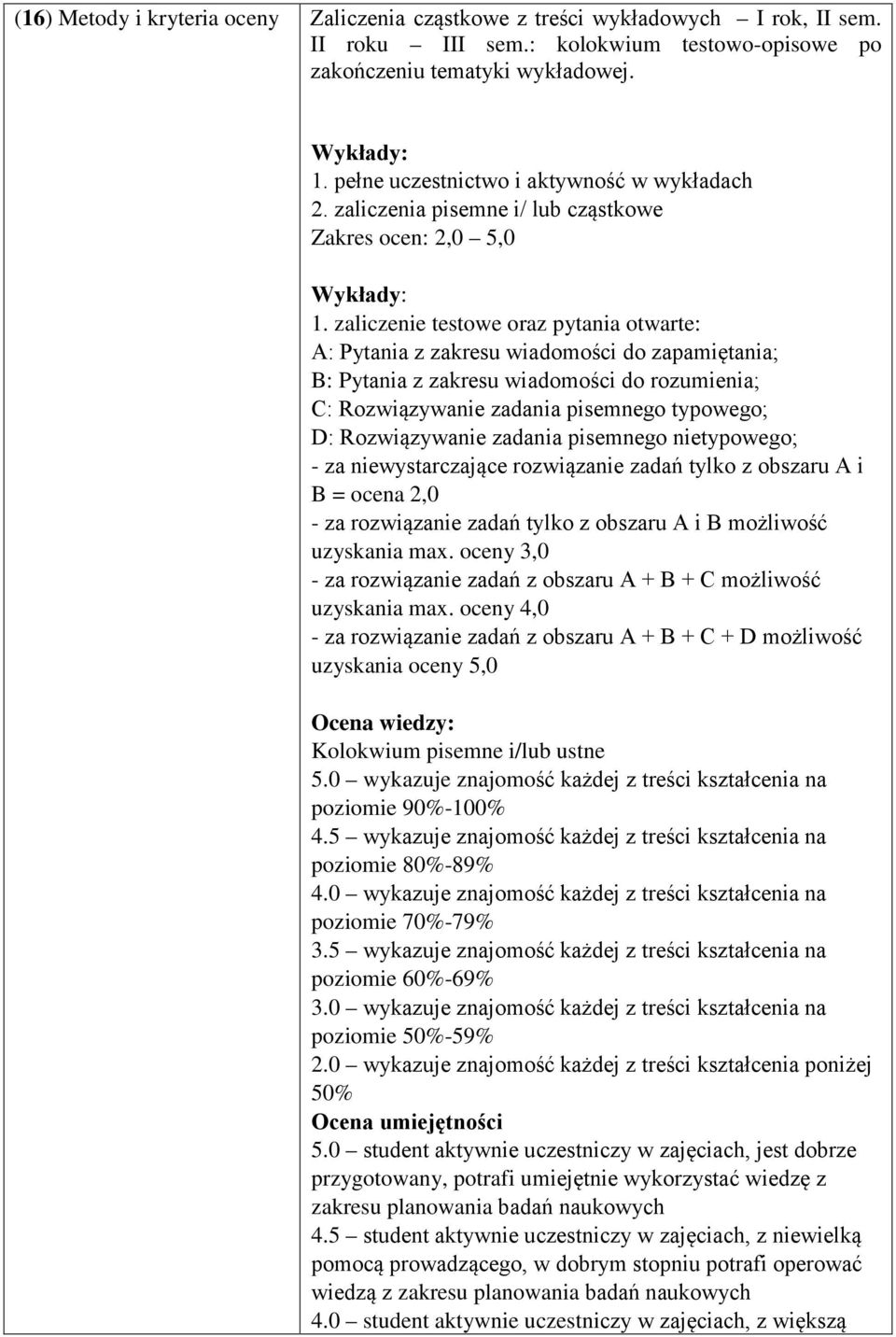 zaliczenie testowe oraz pytania otwarte: A: Pytania z zakresu wiadomości do zapamiętania; B: Pytania z zakresu wiadomości do rozumienia; C: Rozwiązywanie zadania pisemnego typowego; D: Rozwiązywanie