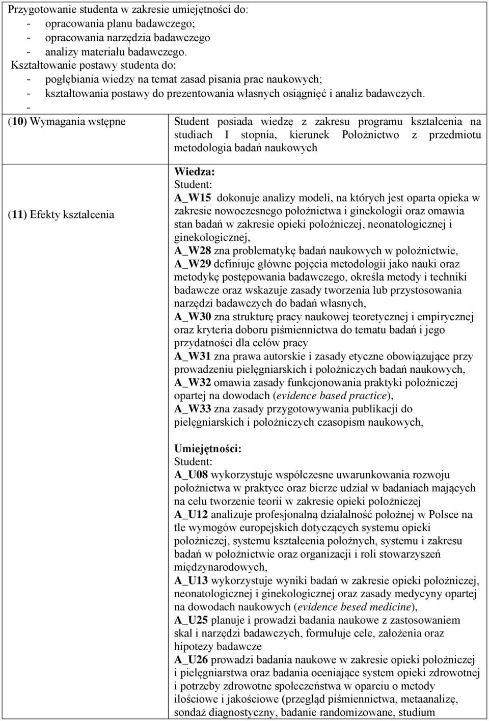 - (10) Wymagania wstępne Student posiada wiedzę z zakresu programu na studiach I stopnia, kierunek Położnictwo z przedmiotu metodologia badań naukowych (11) Efekty Wiedza: A_W15 dokonuje analizy