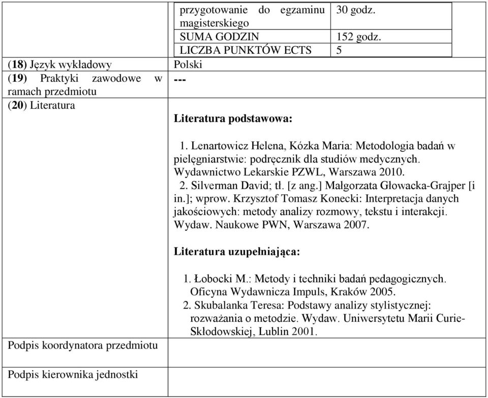 Lenartowicz Helena, Kózka Maria: Metodologia badań w pielęgniarstwie: podręcznik dla studiów medycznych. Wydawnictwo Lekarskie PZWL, Warszawa 2010. 2. Silverman David; tł. [z ang.