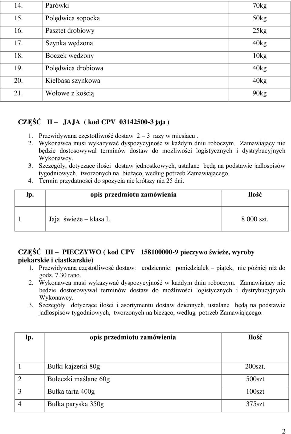 razy w miesiącu. 3. Szczegóły, dotyczące ilości dostaw jednostkowych, ustalane będą na podstawie jadłospisów tygodniowych, tworzonych na bieżąco, według potrzeb Zamawiającego. 4.