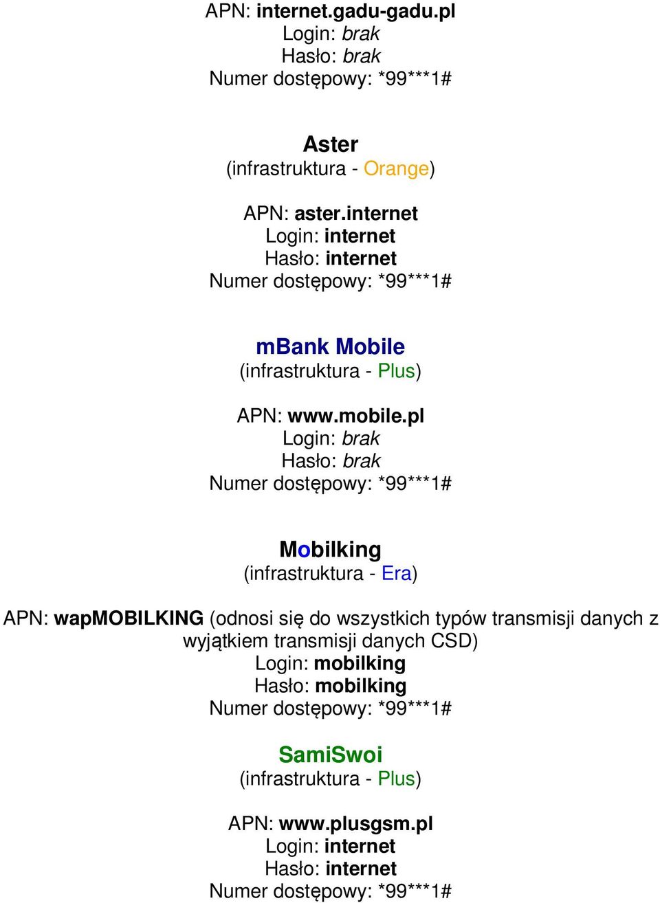 pl Login: brak Hasło: brak Mobilking (infrastruktura - Era) APN: wapmobilking (odnosi się do wszystkich typów