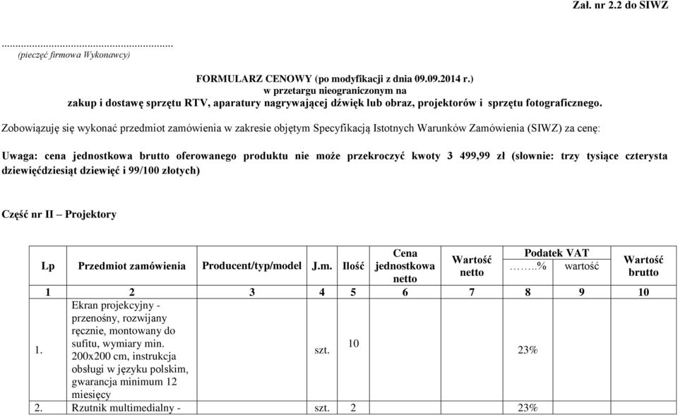 Zobowiązuję się wykonać przedmiot zamówienia w zakresie objętym Specyfikacją Istotnych Warunków Zamówienia (SIWZ) za cenę: Uwaga: cena jednostkowa brutto oferowanego produktu nie może przekroczyć