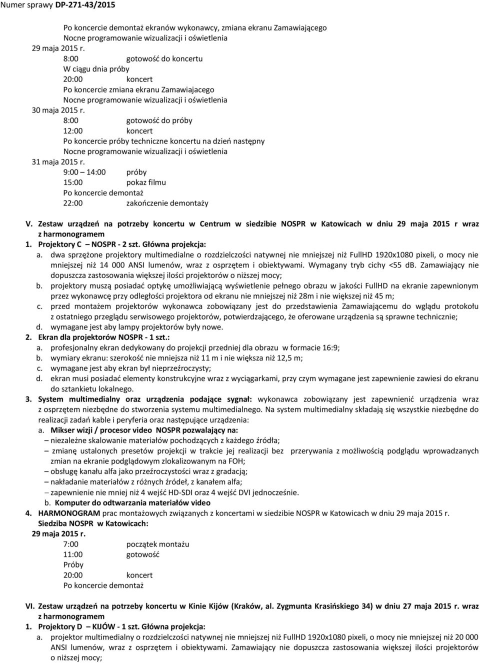 8:00 gotowość do próby 12:00 koncert Po koncercie próby techniczne koncertu na dzień następny Nocne programowanie wizualizacji i oświetlenia 31 maja 2015 r.